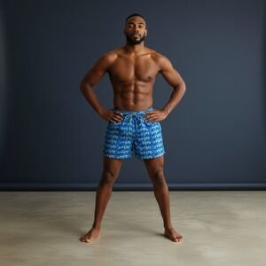 Mr Swim Mens Blue Sailboat Print Swim Trunks Elastic Waist Drawstring Size L